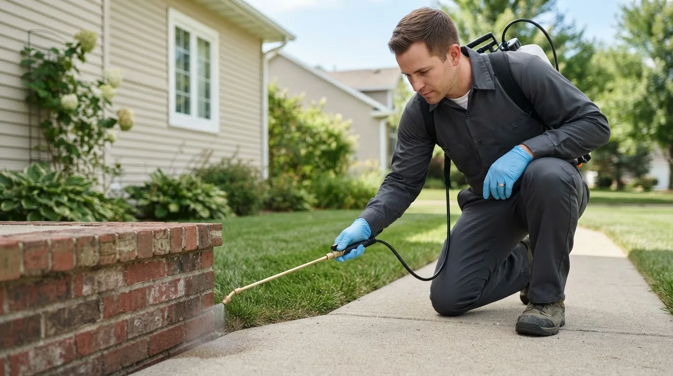 Pest control technician treating a home near Huntington, NY