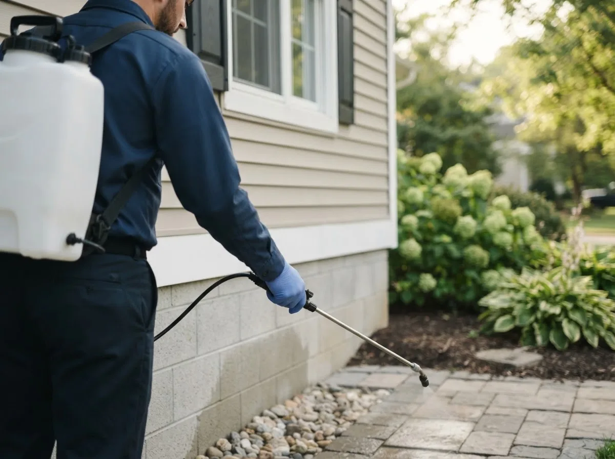 Pest control technician inspecting a home in Huntington, NY